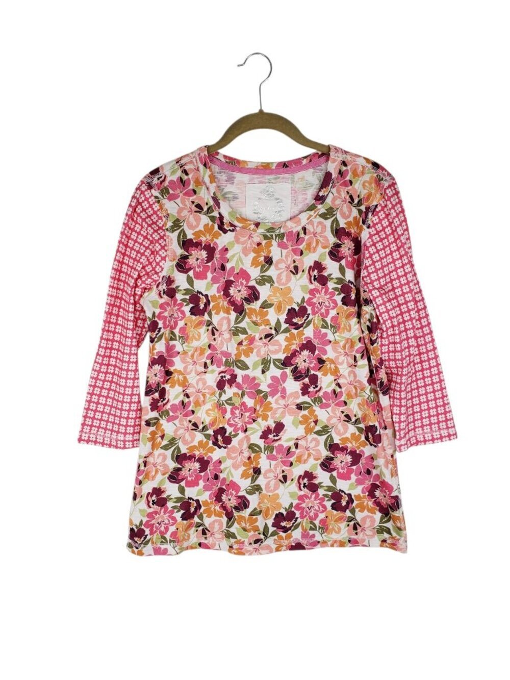 Cino Mixed Print 3/4 Sleeve Top Pink Floral Cotton Tee Womens Small